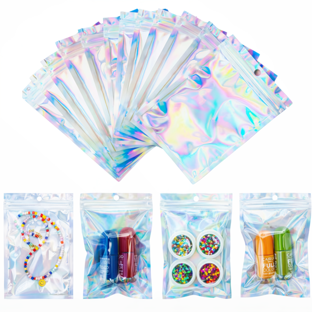 Bolsa Ziploc Holográfica Tornasolada | Una Cara Transparente | 4 Tamaños Disponibles