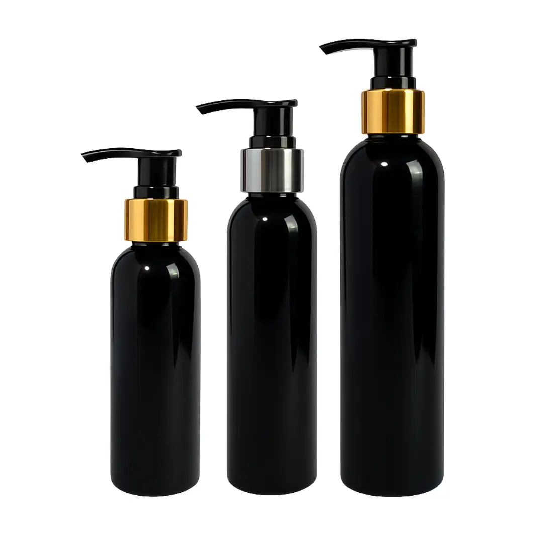 Frasco PET Negro Con Cremera Efecto Metal | 3 Tamaños Disponibles