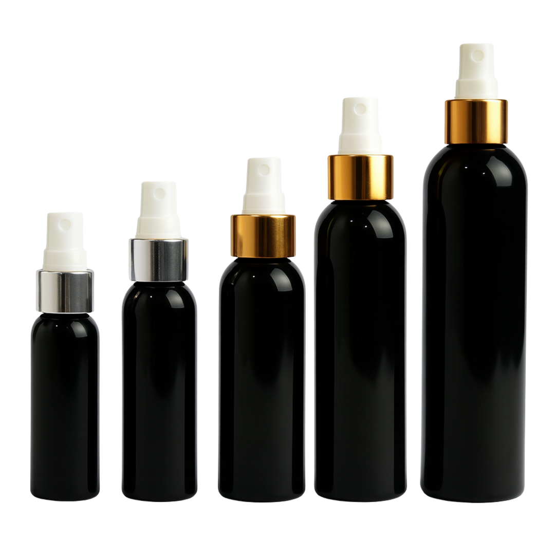 Frasco PET Negro Con Spray Efecto Metal | 5 Tamaños Disponibles