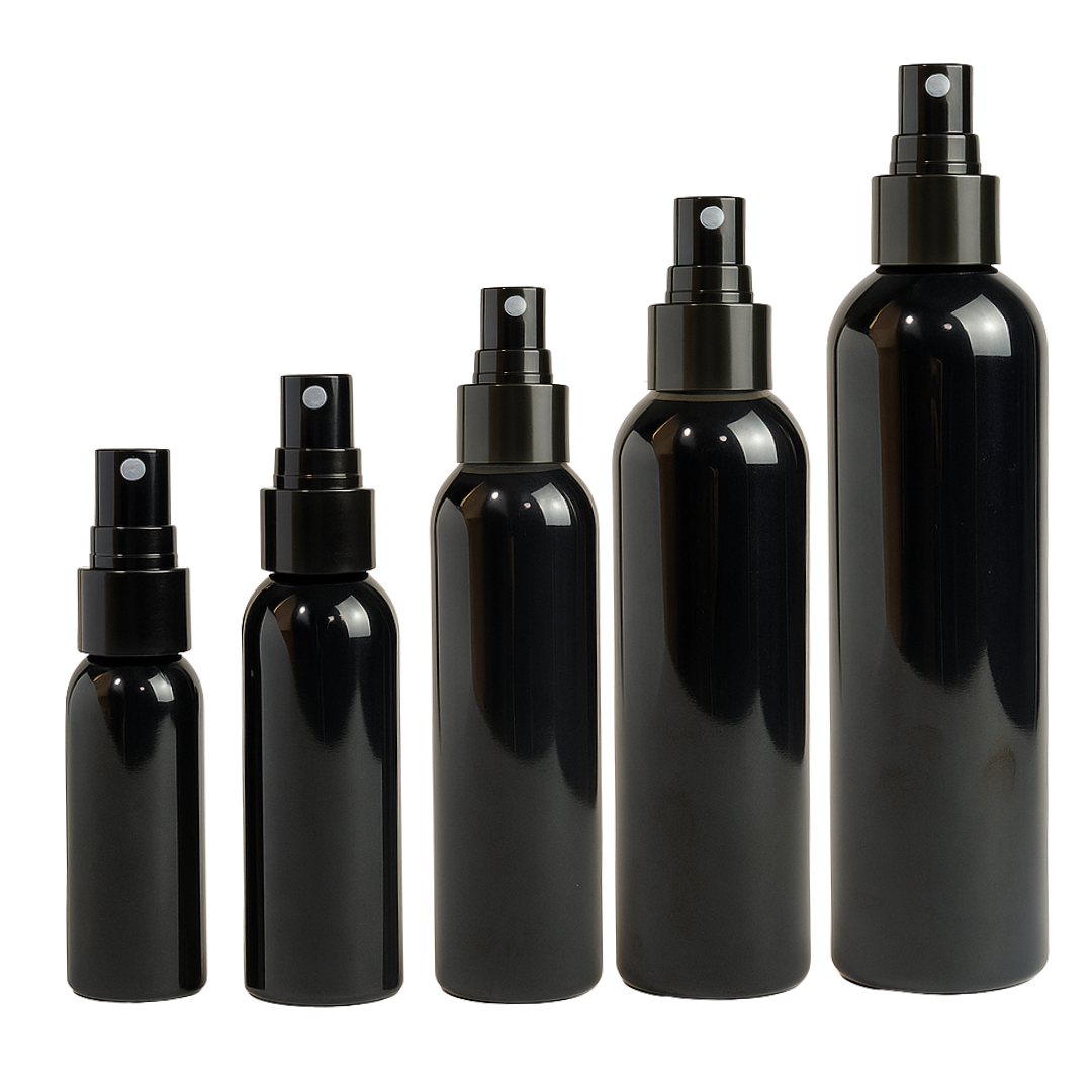 Frasco PET Negro Con Spray | 5 Tamaños Disponibles