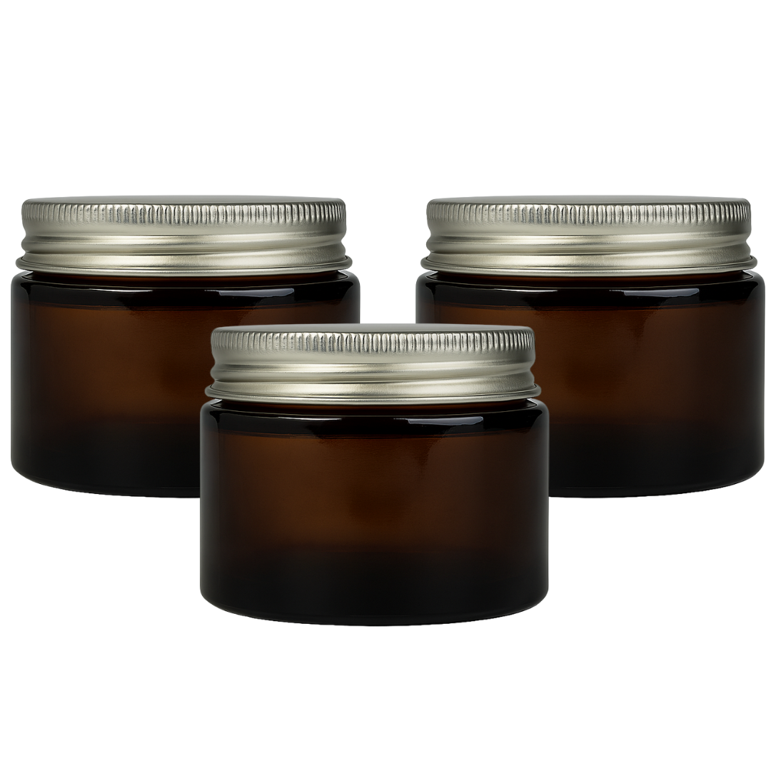 Pote De Vidrio Ámbar | 50ml | Tapa Metal Plateada