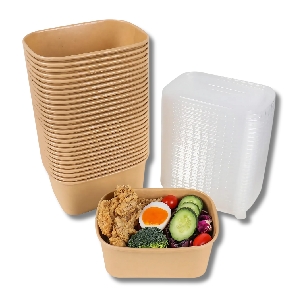 Bowl Ensaladera Rectangular Kraft 500ml Tapa PET