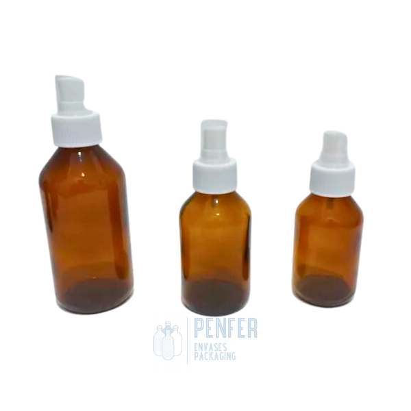 Frasco Vidrio Ambar 100ml con Spray Blanca