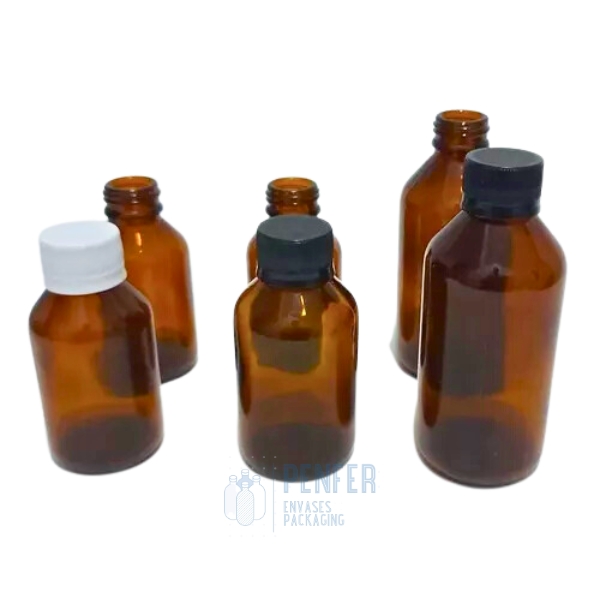 Frasco Vidrio 100ml Ambar con Tapa Precintada.
