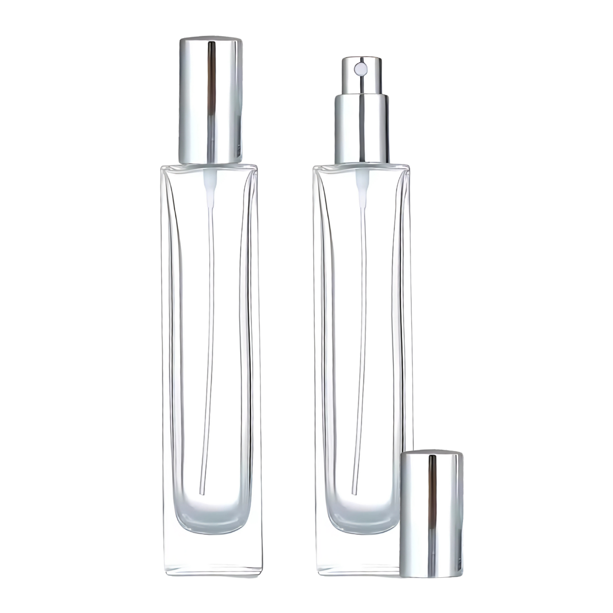 Frasco Perfume Vidrio Rectangular | Dos Tamaños | Tapa Rosca Plateada