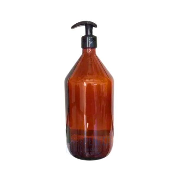 Botella Vidrio Ambar 1000 ml con Cremera Negra